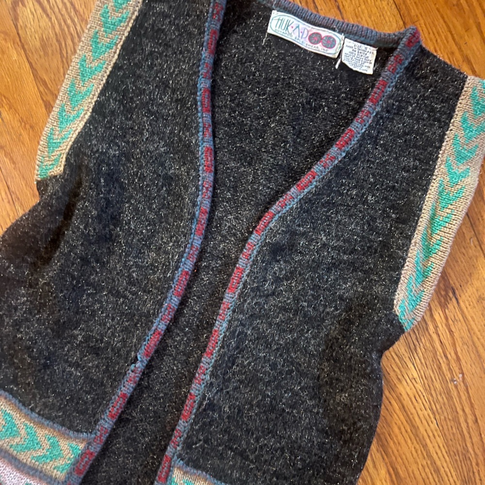 Vintage Black Knit Cardigan with Colorful Trim